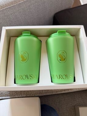 Swarovski Matte Lime Green Travel Tumbler Pair with Gold Logo